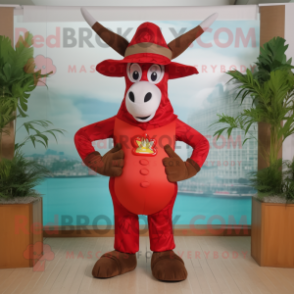 Red Donkey mascot costume character dressed with a One-Piece Swimsuit and Hat pins