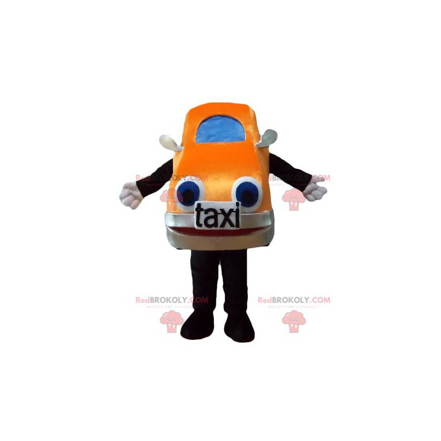 Mascote gigante de táxi carro laranja e azul - Redbrokoly.com