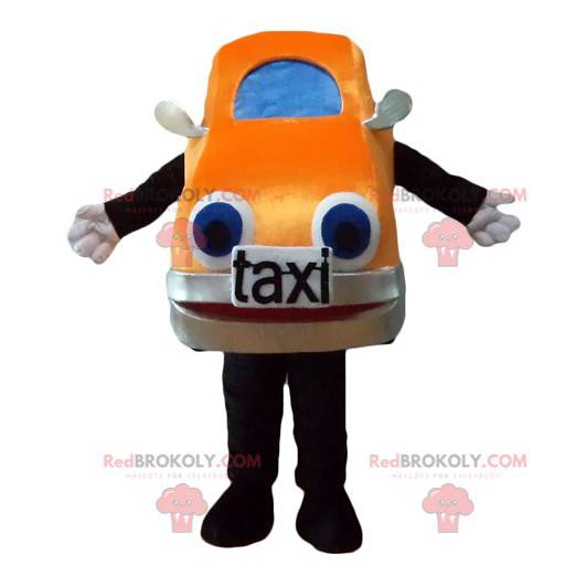 Mascote gigante de táxi carro laranja e azul - Redbrokoly.com