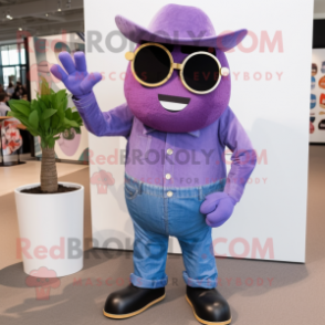 Lavender Plum mascot costume character dressed with a Bootcut Jeans and Sunglasses