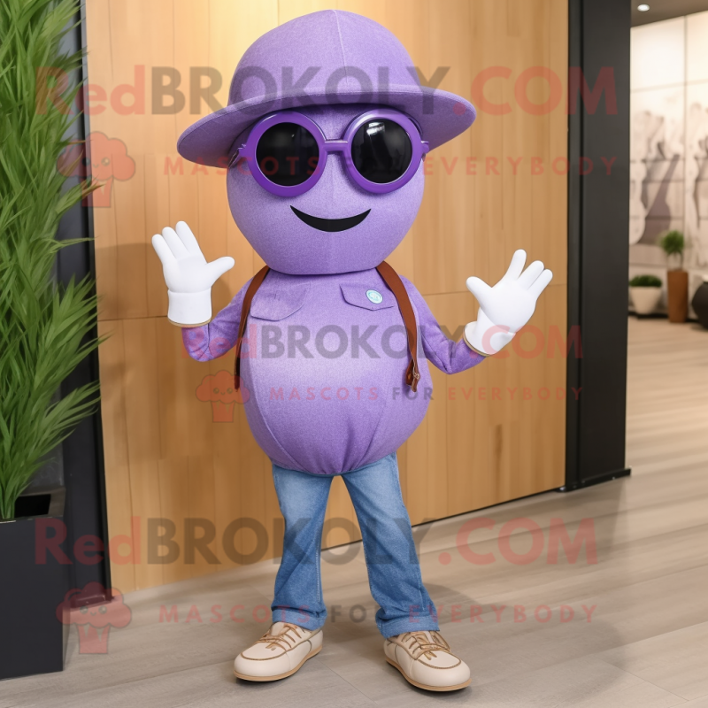 Lavender Plum mascot costume character dressed with a Bootcut Jeans and Sunglasses