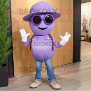 Lavender Plum mascot costume character dressed with a Bootcut Jeans and Sunglasses