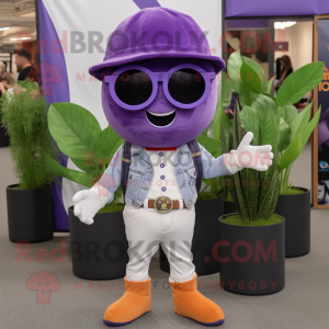 Lavender Plum mascot costume character dressed with a Bootcut Jeans and Sunglasses