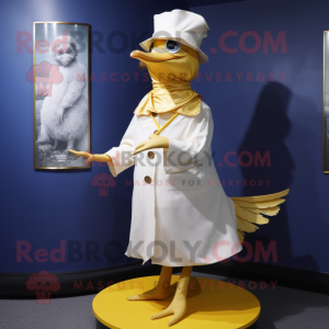 Gold Gull mascot costume character dressed with a Wrap Skirt and Hat pins