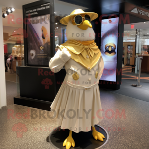 Gold Gull mascot costume character dressed with a Wrap Skirt and Hat pins
