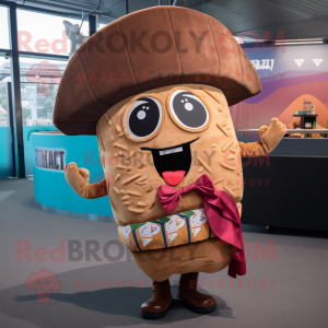 Brown Tacos mascot costume character dressed with a Jacket and Hair clips