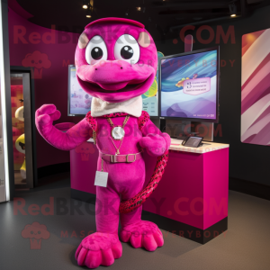 Magenta Python mascot costume character dressed with a Romper and Keychains