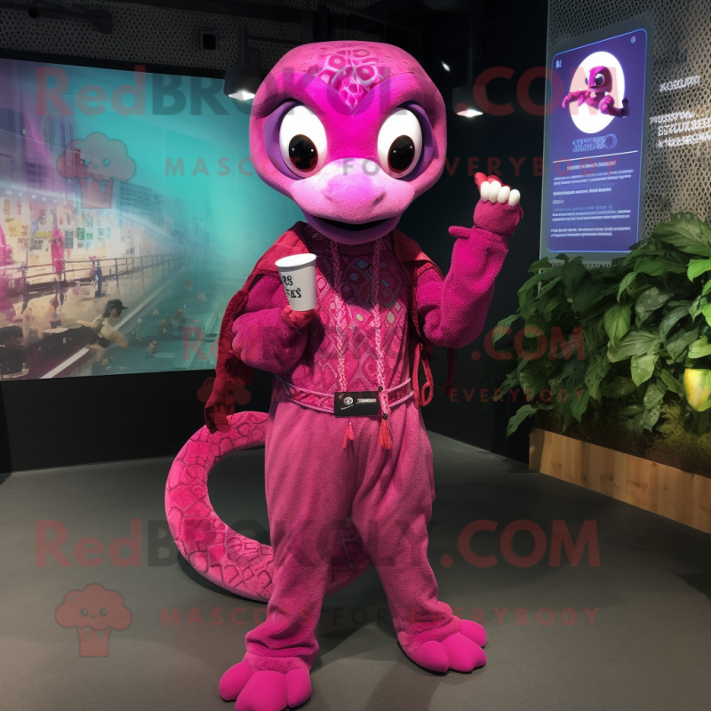 Magenta Python mascot costume character dressed with a Romper and Keychains