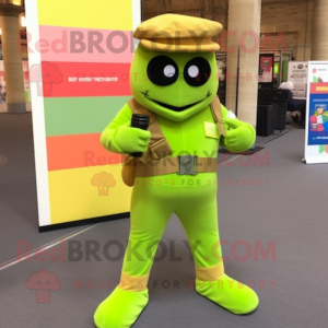 Lime Green Special Air Service mascot costume character dressed with a Corduroy Pants and Ties