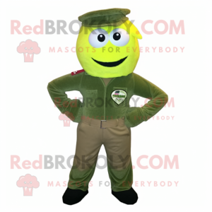 Lime Green Special Air Service mascot costume character dressed with a Corduroy Pants and Ties