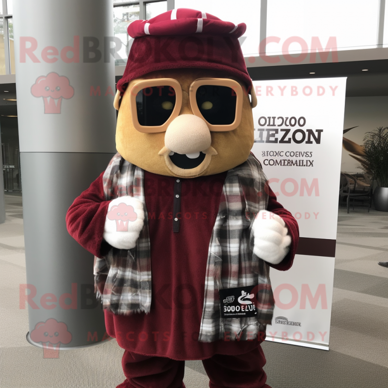 Maroon Chief mascot costume character dressed with a Flannel Shirt and Scarves Maroon Chief mascot costume character dressed with a Flannel Shirt and Scarves