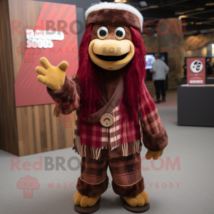 Maroon Chief mascot costume character dressed with a Flannel Shirt and Scarves