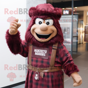 Maroon Chief mascot costume character dressed with a Flannel Shirt and Scarves