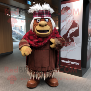 Maroon Chief mascot costume character dressed with a Flannel Shirt and Scarves