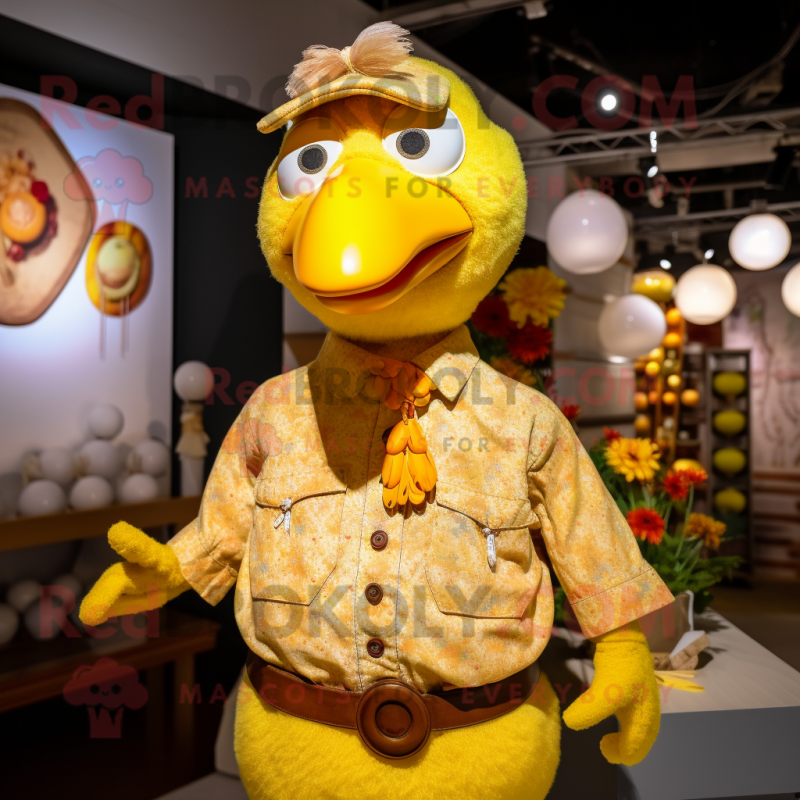 Yellow Turkey mascot costume character dressed with a Button-Up Shirt and Earrings