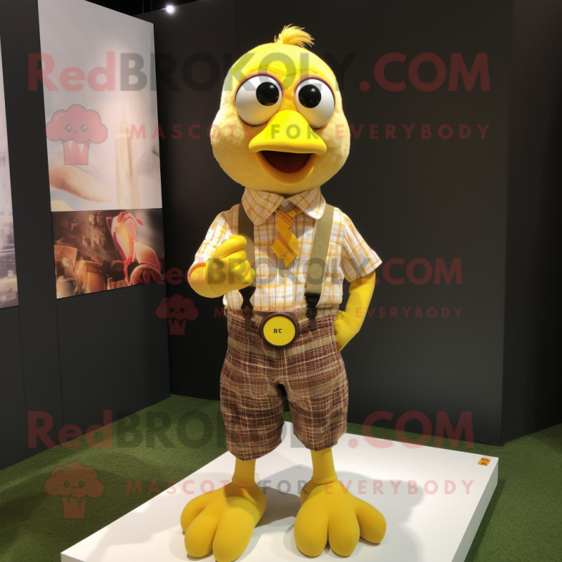 Yellow Turkey mascot costume character dressed with a Button-Up Shirt and Earrings