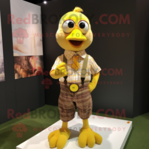Yellow Turkey mascot costume character dressed with a Button-Up Shirt and Earrings