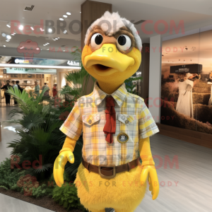 Yellow Turkey mascot costume character dressed with a Button-Up Shirt and Earrings