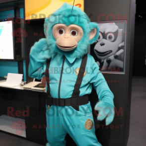 Cyan Capuchin Monkey mascot costume character dressed with a Jumpsuit and Wallets