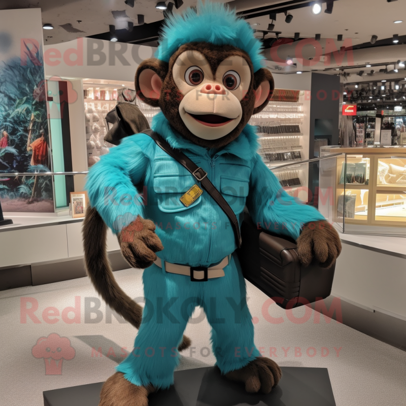 Cyan Capuchin Monkey mascot costume character dressed with a Jumpsuit and Wallets