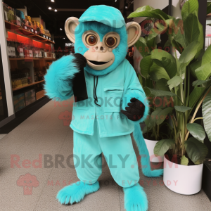 Cyan Capuchin Monkey mascot costume character dressed with a Jumpsuit and Wallets