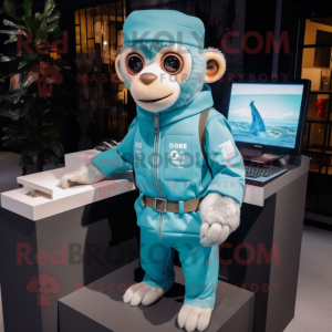 Cyan Capuchin Monkey mascot costume character dressed with a Jumpsuit and Wallets