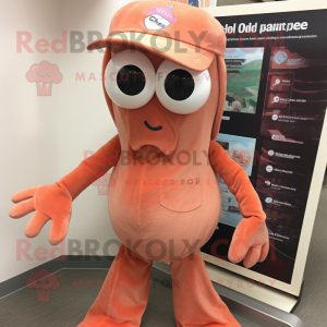 Peach Squid mascot costume character dressed with a Button-Up Shirt and Mittens