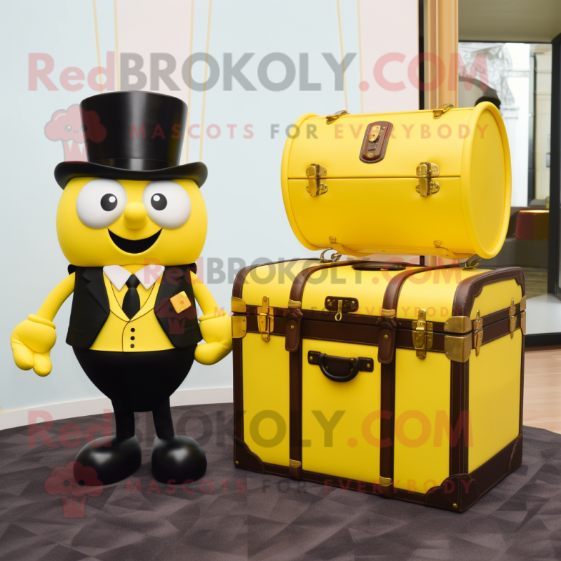 Lemon Yellow Treasure Chest mascot costume character dressed with a Tuxedo and Briefcases