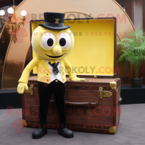 Lemon Yellow Treasure Chest mascot costume character dressed with a Tuxedo and Briefcases