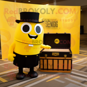 Lemon Yellow Treasure Chest mascot costume character dressed with a Tuxedo and Briefcases