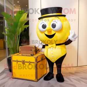 Lemon Yellow Treasure Chest mascot costume character dressed with a Tuxedo and Briefcases