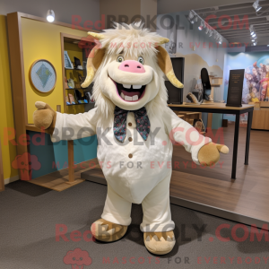 Maskottchenfigur eines Cream Yak gekleidet in einen Strampler und eine Fliege - Eistüte-Maskottchen - RedBrokoly.com