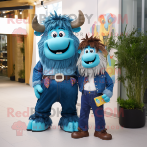 Blue Yak mascot costume character dressed with a Boyfriend Jeans and Belts