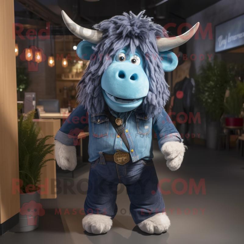 Blue Yak mascot costume character dressed with a Boyfriend Jeans and Belts Blue Yak mascot costume character dressed with a Boyfriend Jeans and Belts
