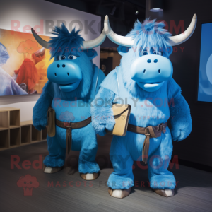 Blue Yak mascot costume character dressed with a Boyfriend Jeans and Belts