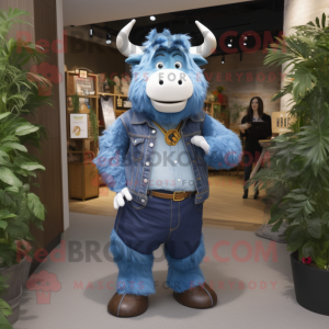 Blue Yak mascot costume character dressed with a Boyfriend Jeans and Belts