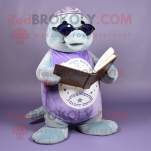 Lavender Stellar'S Sea Cow mascot costume character dressed with a Oxford Shirt and Reading glasses