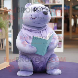 Lavender Stellar'S Sea Cow mascot costume character dressed with a Oxford Shirt and Reading glasses