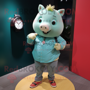 Teal Sow mascot costume character dressed with a Chambray Shirt and Bracelet watches