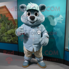 Teal Sow mascot costume character dressed with a Chambray Shirt and Bracelet watches