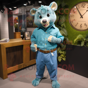 Teal Sow mascot costume character dressed with a Chambray Shirt and Bracelet watches