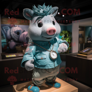 Teal Sow mascot costume character dressed with a Chambray Shirt and Bracelet watches