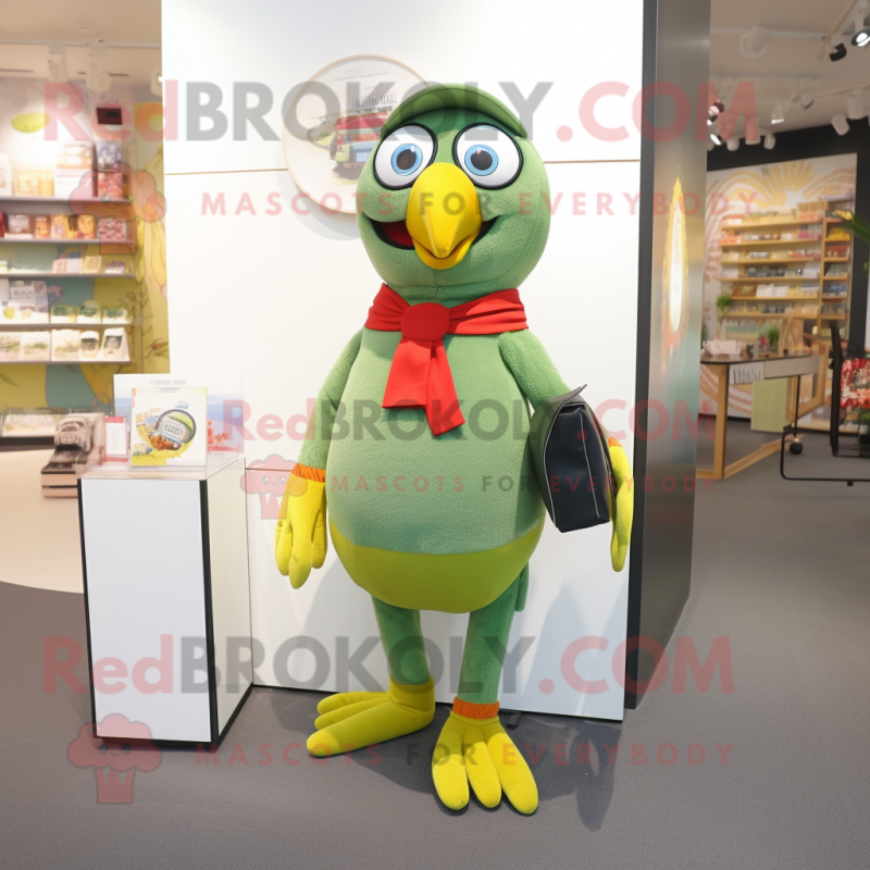 Olive Parrot mascot costume character dressed with a Trousers and Coin purses Olive Parrot mascot costume character dressed with a Trousers and Coin purses