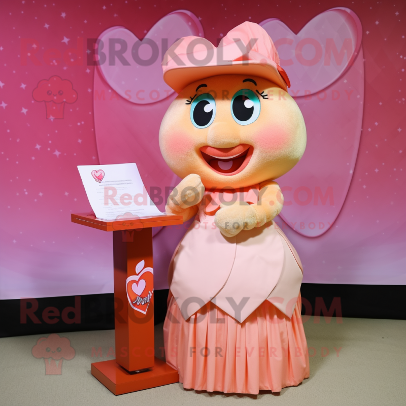 Peach Love Letter mascot costume character dressed with a Pleated Skirt and Caps Peach Love Letter mascot costume character dressed with a Pleated Skirt and Caps