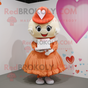 Peach Love Letter mascot costume character dressed with a Pleated Skirt and Caps