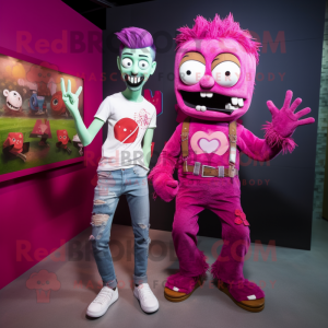 Magenta Zombie mascot costume character dressed with a Boyfriend Jeans and Watches