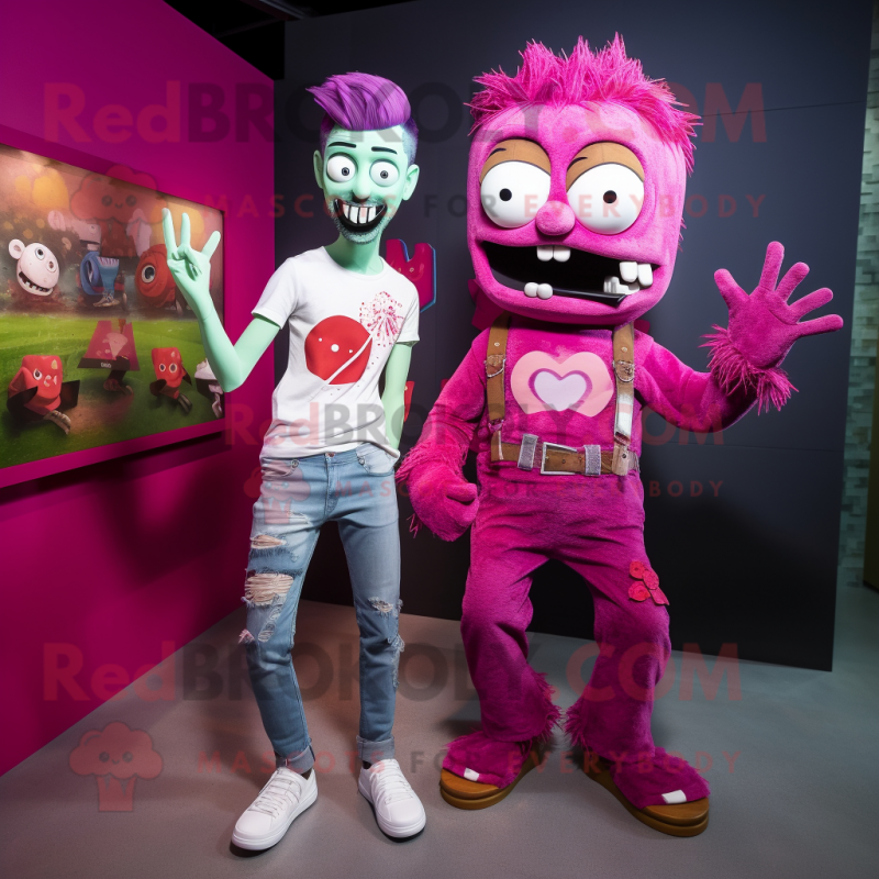 Magenta Zombie mascot costume character dressed with a Boyfriend Jeans and Watches Magenta Zombie mascot costume character dressed with a Boyfriend Jeans and Watches