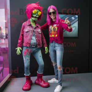 Magenta Zombie mascot costume character dressed with a Boyfriend Jeans and Watches