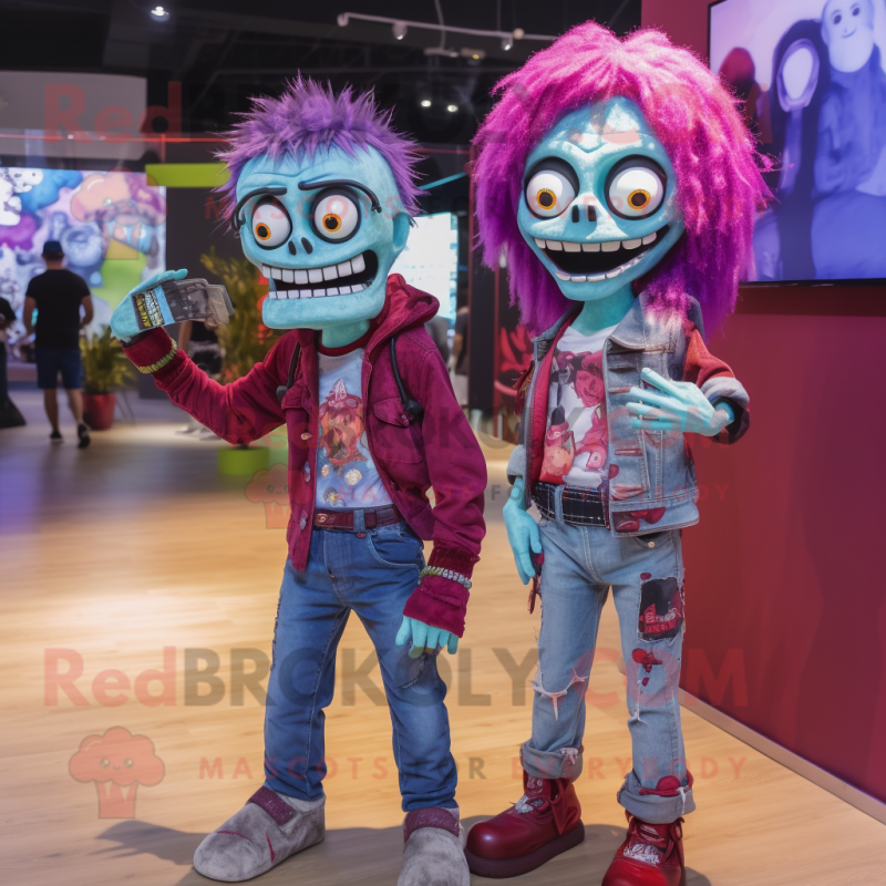 Magenta Zombie mascot costume character dressed with a Boyfriend Jeans and Watches