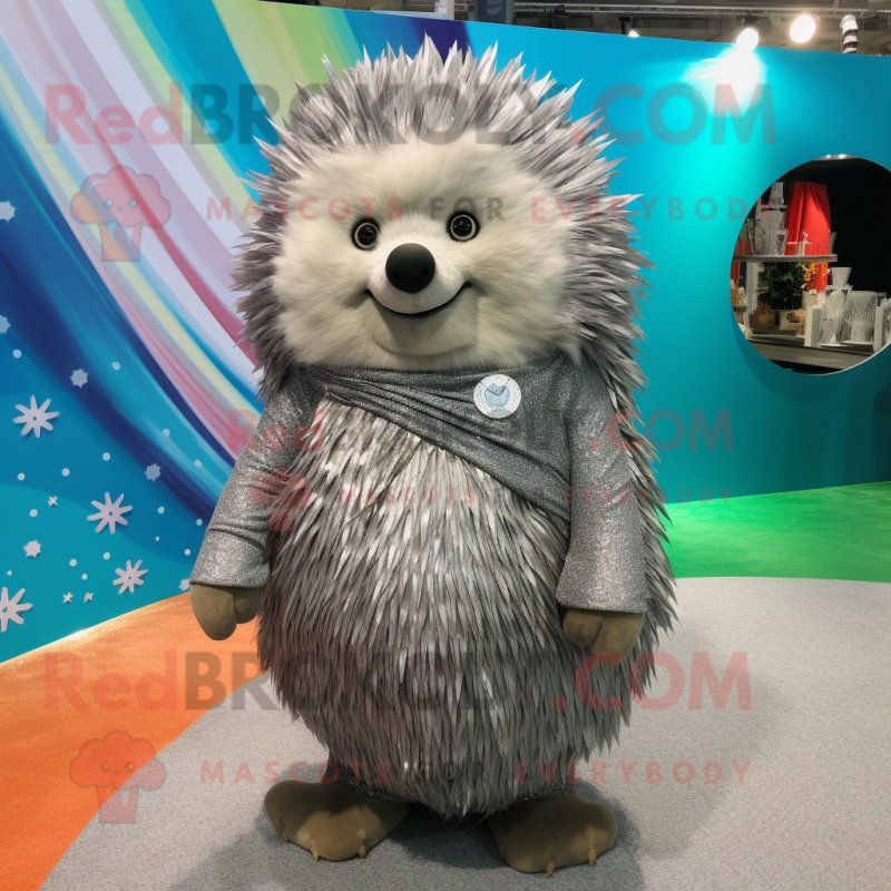 Silver Porcupine mascot costume character dressed with a Swimwear and Shawls Silver Porcupine mascot costume character dressed with a Swimwear and Shawls